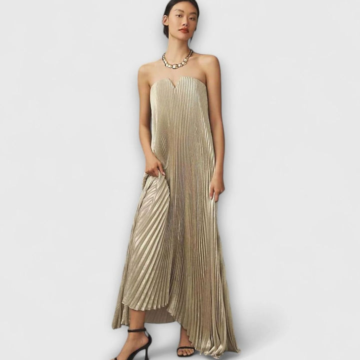 Women's Strapless Pleated Metallic Sweetheart Maxi Dress