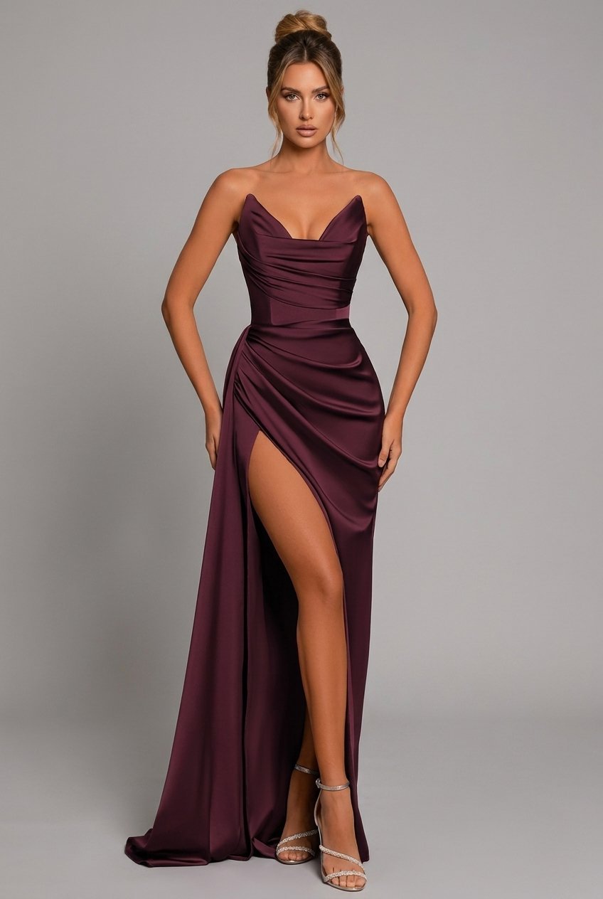 Women's Strapless Satin Maxi Dress Ruched Sweetheart High-Slit - Crimson Red