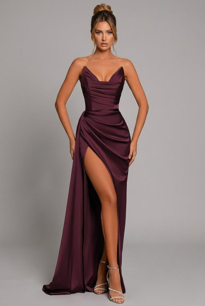 Women's Strapless Satin Maxi Dress Ruched Sweetheart High-Slit - Crimson Red