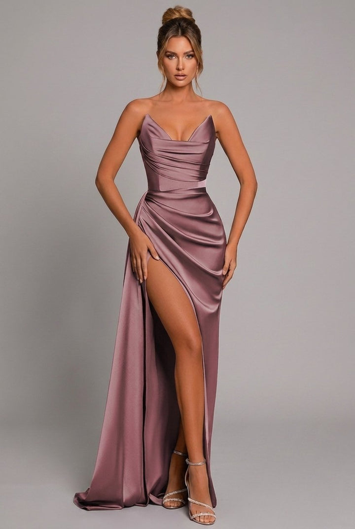 Women's Strapless Satin Maxi Dress Ruched Sweetheart High-Slit - Dusty Rose