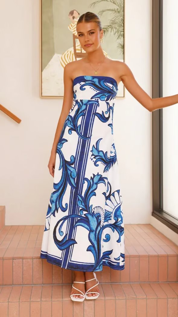 Women's Strapless Vintage Print Flowy Maxi Tube Dress - Blue