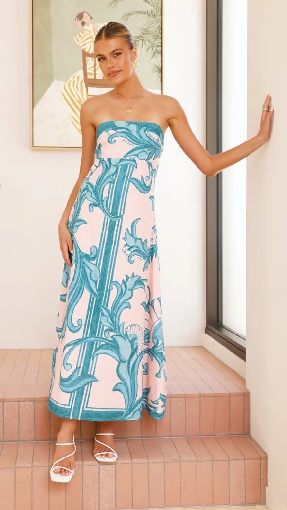 Women's Strapless Vintage Print Flowy Maxi Tube Dress - Light Blue