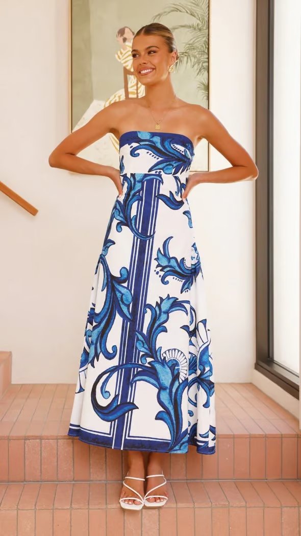 Women's Strapless Vintage Print Flowy Maxi Tube Dress