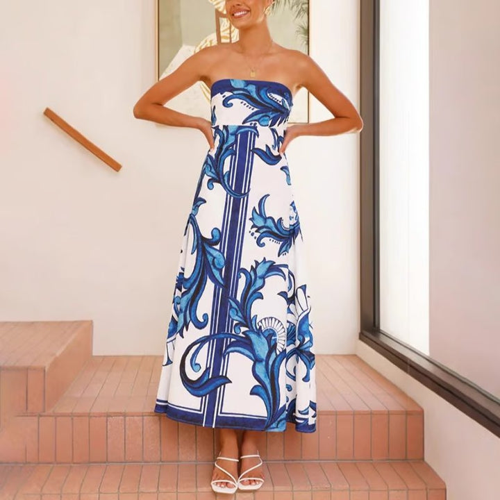 Women's Strapless Vintage Print Flowy Maxi Tube Dress