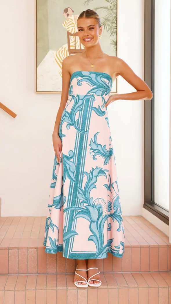 Women's Strapless Vintage Print Flowy Maxi Tube Dress