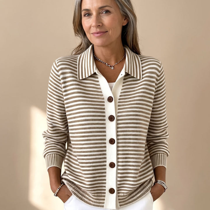 Women's Striped Collared Button-Front Knit Cardigan - Brown