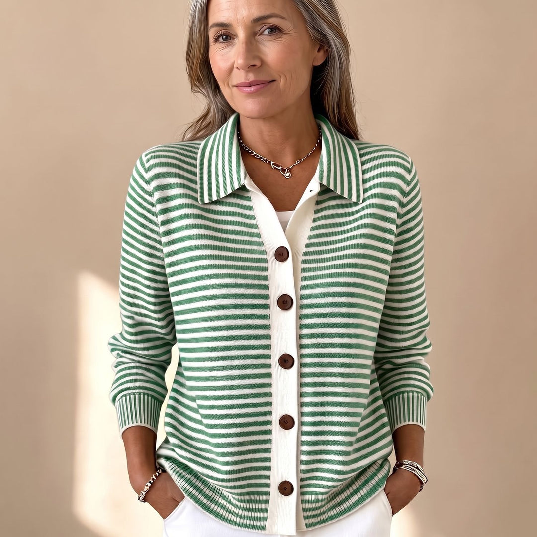 Women's Striped Collared Button-Front Knit Cardigan - Green