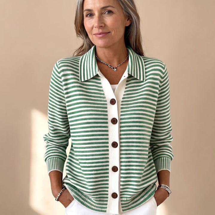 Women's Striped Collared Button-Front Knit Cardigan - Green