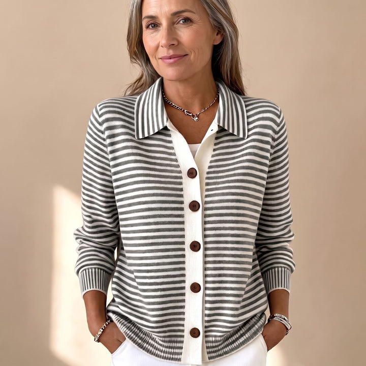 Women's Striped Collared Button-Front Knit Cardigan - Black