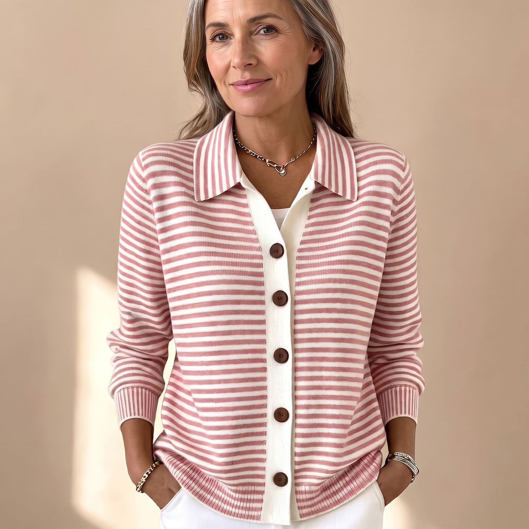 Women's Striped Collared Button-Front Knit Cardigan - Pink