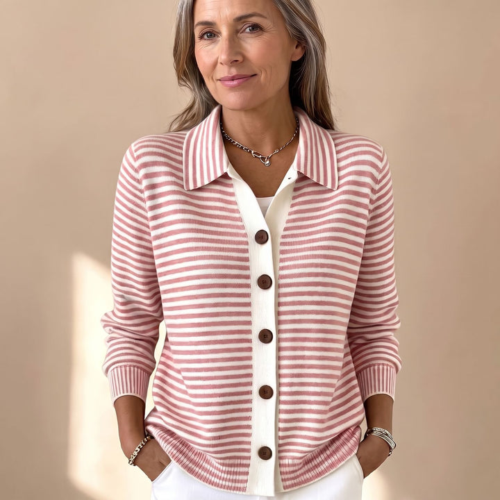 Women's Striped Collared Button-Front Knit Cardigan - Pink