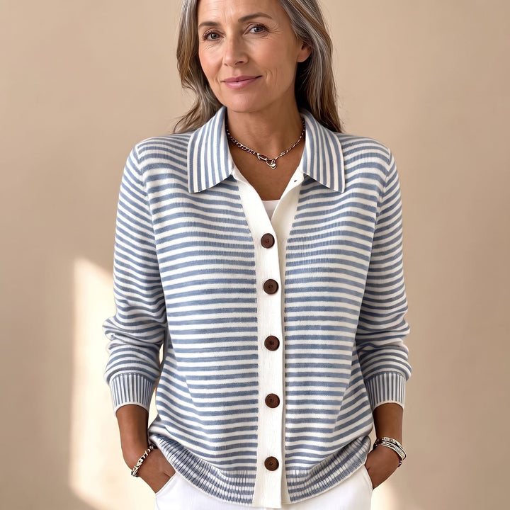 Women's Striped Collared Button-Front Knit Cardigan - Light Blue