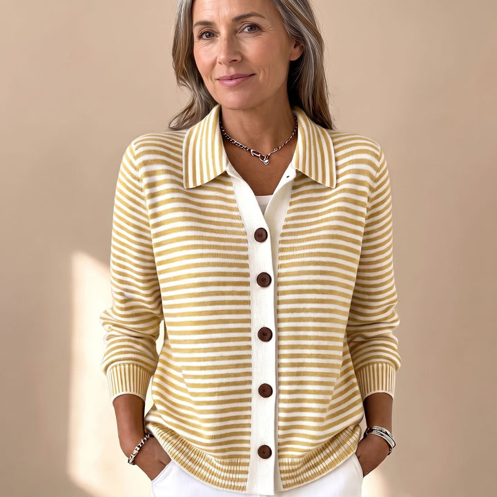 Women's Striped Collared Button-Front Knit Cardigan - Yellow
