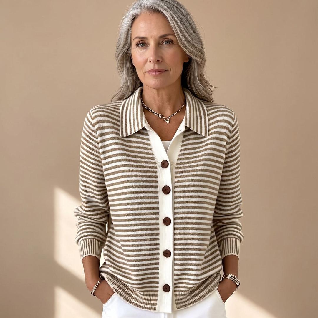 Women's Striped Collared Button-Front Knit Cardigan, Beige - Brown