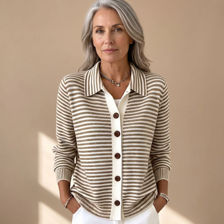 Women's Striped Collared Button-Front Knit Cardigan, Beige - Brown