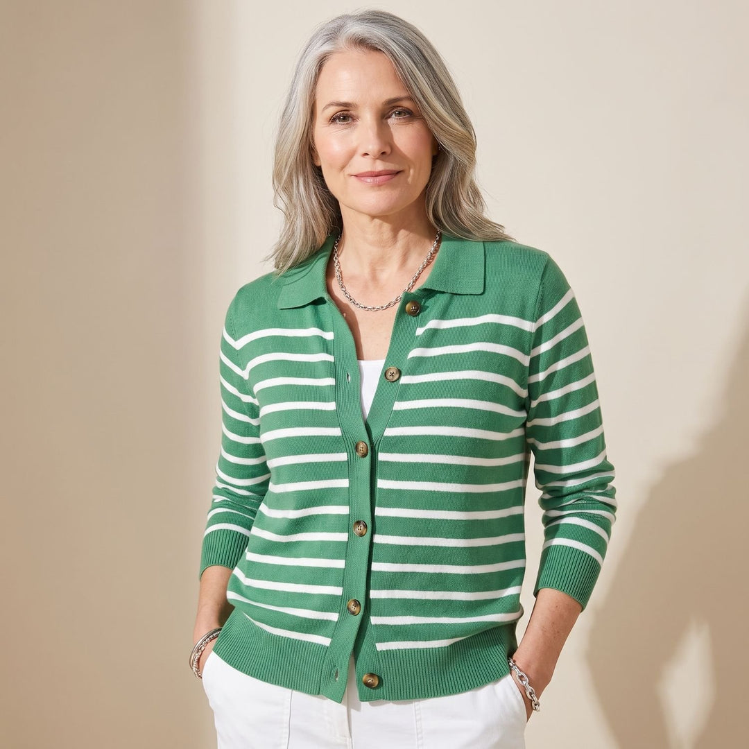 Women's Striped Collared Button-Front Knit Cardigan, Beige - Green