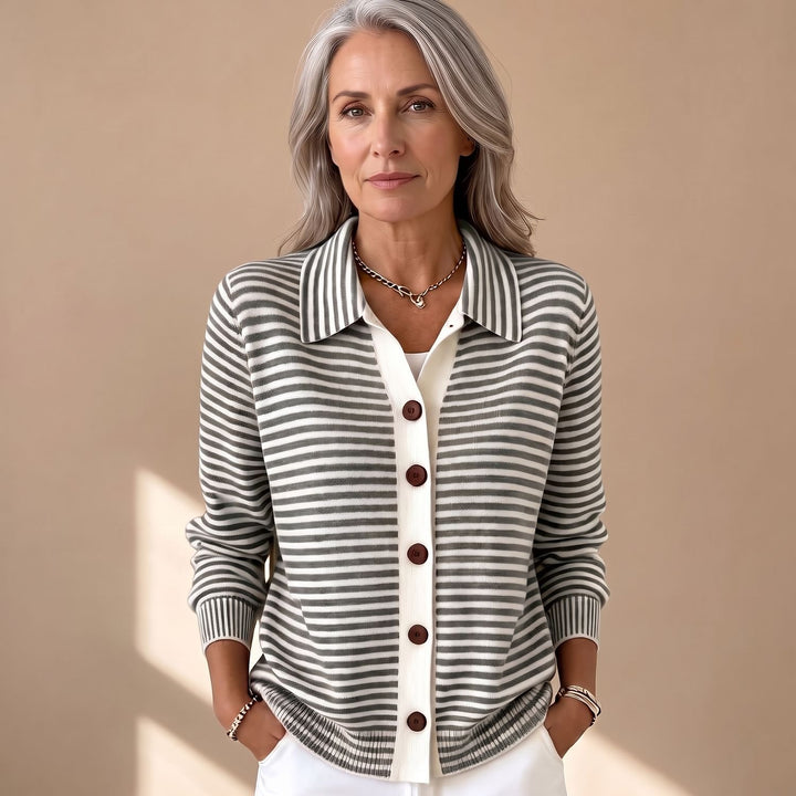 Women's Striped Collared Button-Front Knit Cardigan, Beige - Black