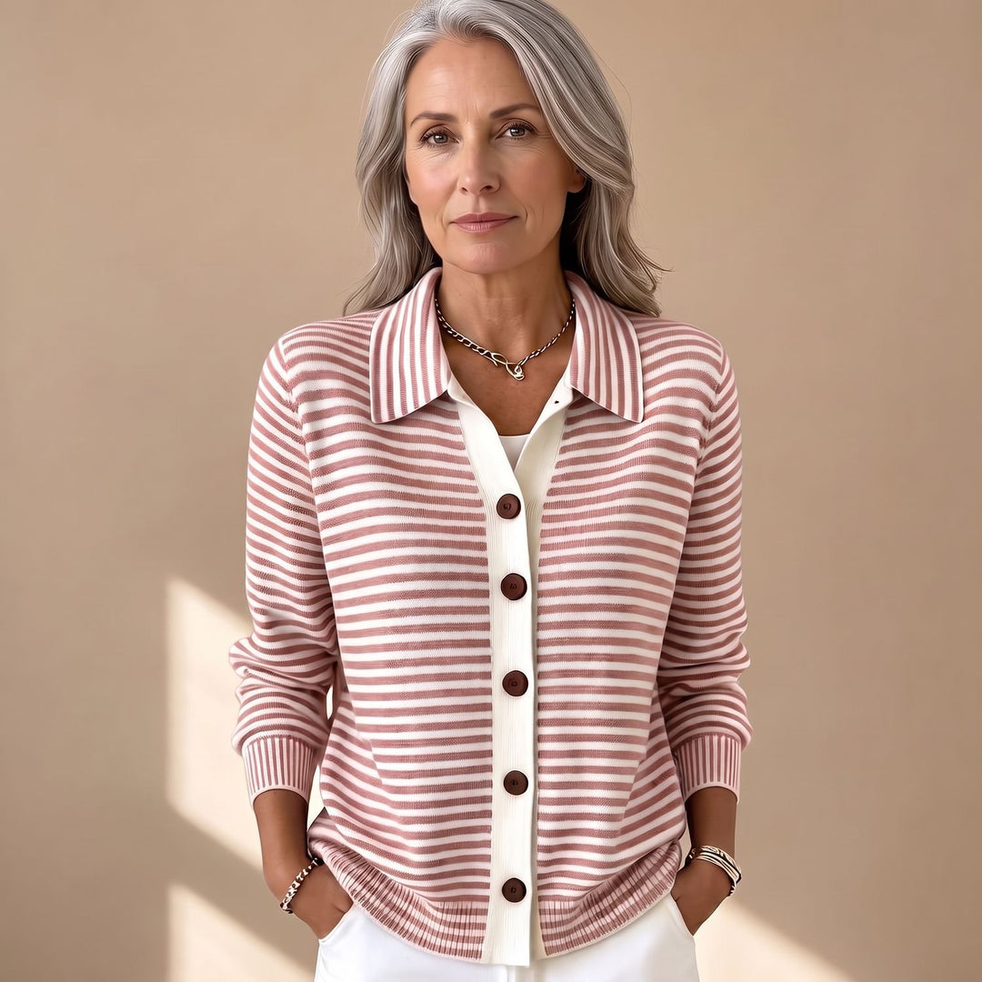 Women's Striped Collared Button-Front Knit Cardigan, Beige - Pink
