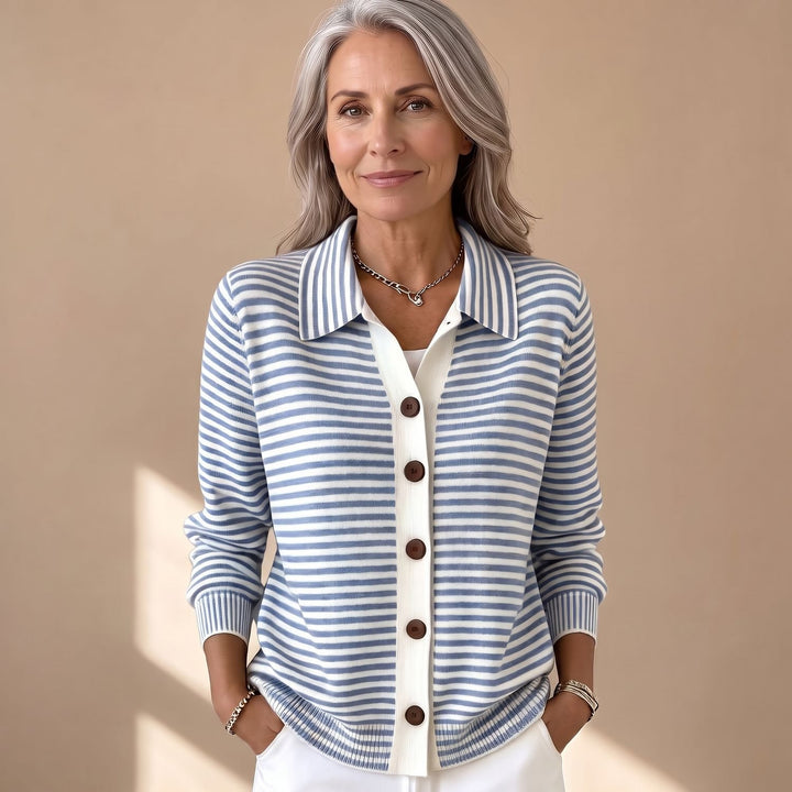 Women's Striped Collared Button-Front Knit Cardigan, Beige - Light Blue
