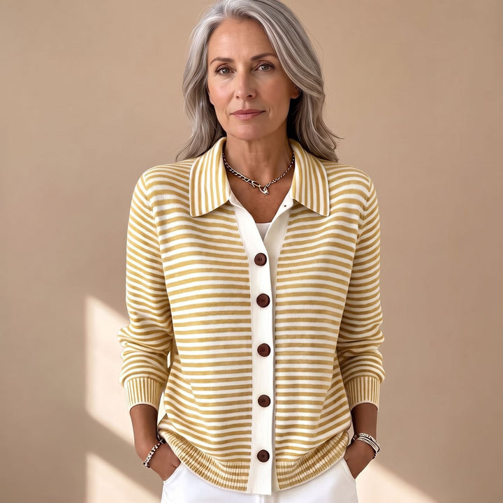 Women's Striped Collared Button-Front Knit Cardigan, Beige - Yellow