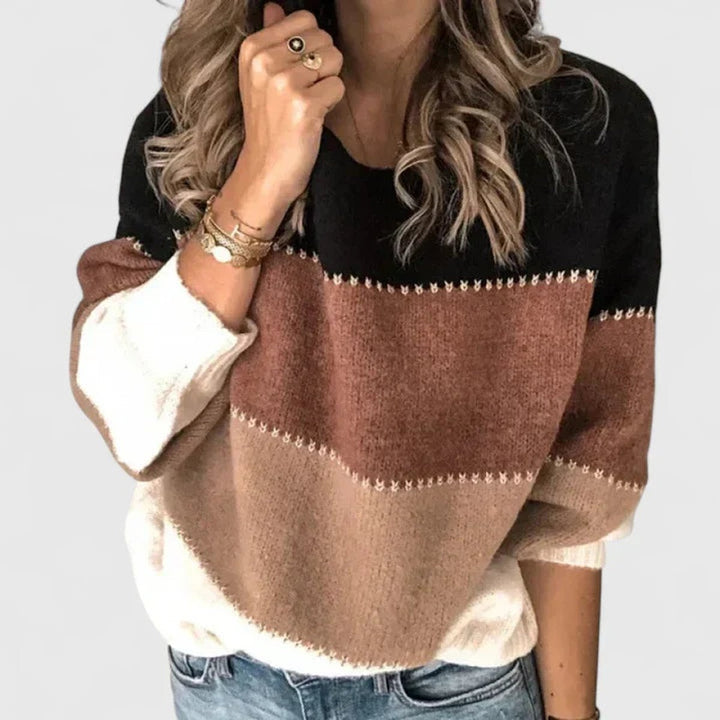 Women's Striped Colorblock Crewneck Knit Pullover Sweater - Khaki