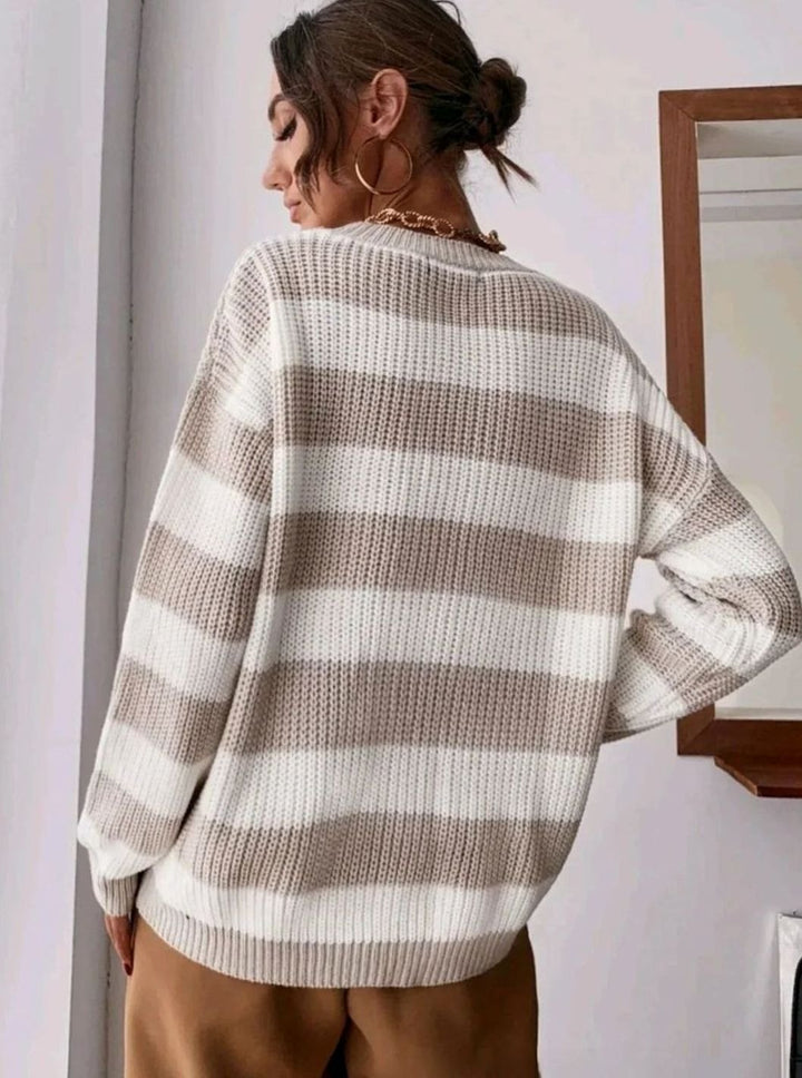 Women's Striped Crewneck Relaxed-Fit Knit Sweater - Apricot