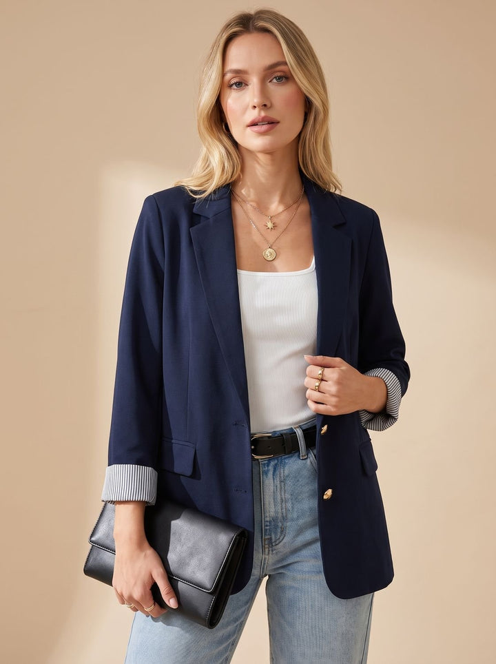 Women's Striped-Cuff Rollable Sleeve Soft-Tailored Blazer - Navy Blue