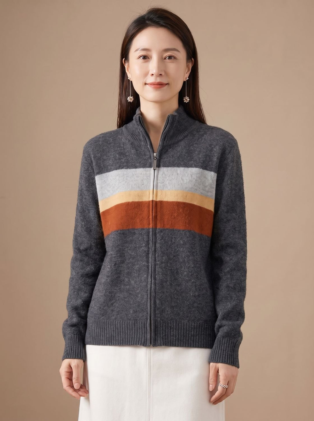 Women's Striped Full-Zip Knit Cardigan Sweater