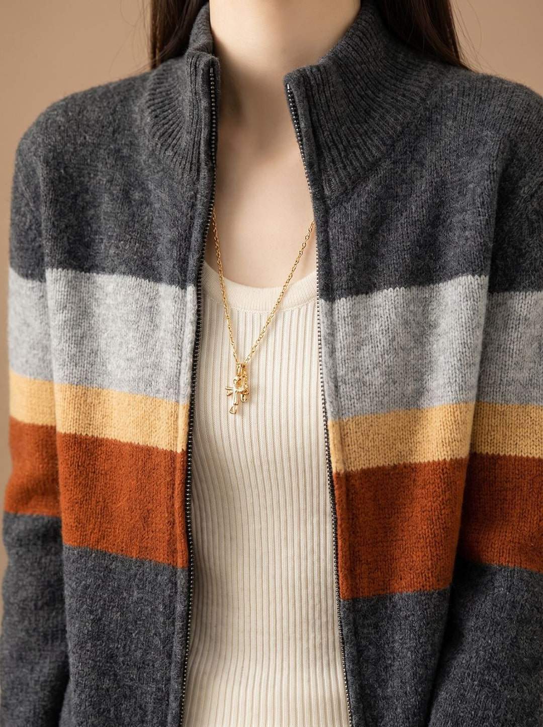 Women's Striped Full-Zip Knit Cardigan Sweater