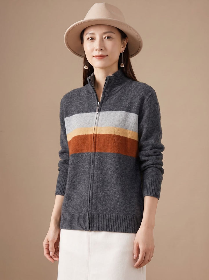 Women's Striped Full-Zip Knit Cardigan Sweater - Gray