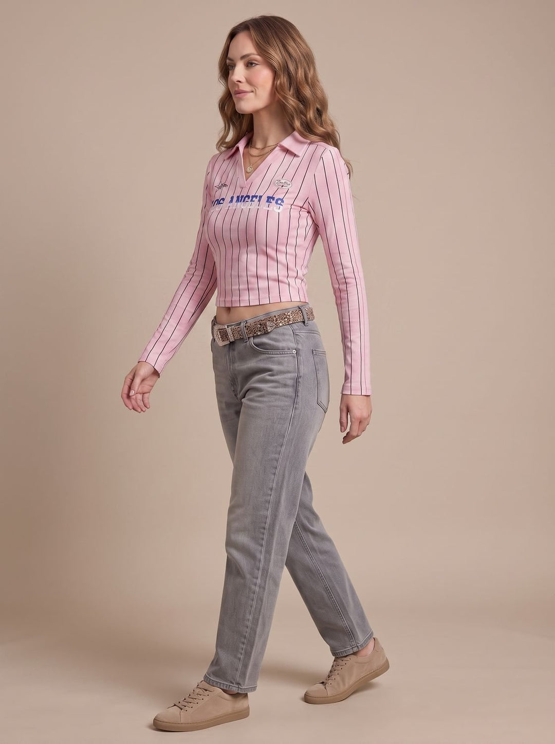 Women's Striped Graphic Cropped Long-Sleeve Collared Top