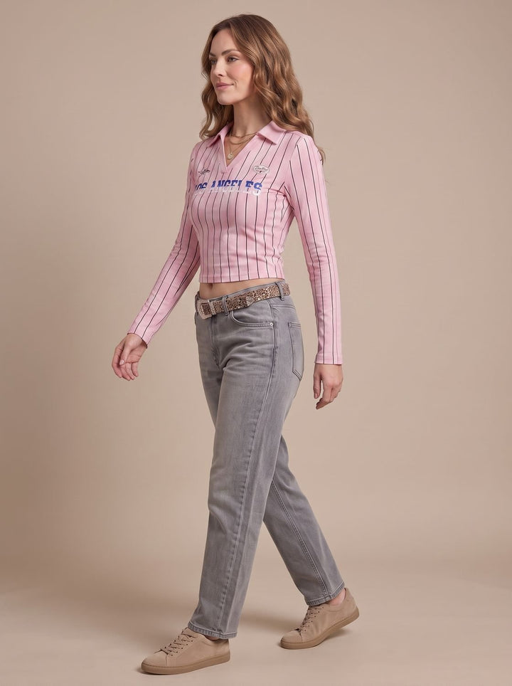 Women's Striped Graphic Cropped Long-Sleeve Collared Top