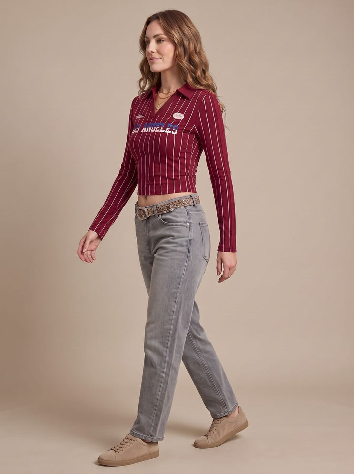 Women's Striped Graphic Cropped Long-Sleeve Collared Top - Yellow