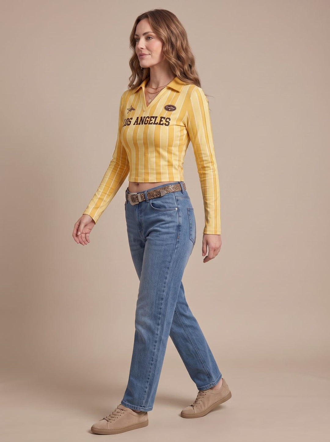 Women's Striped Graphic Cropped Long-Sleeve Collared Top