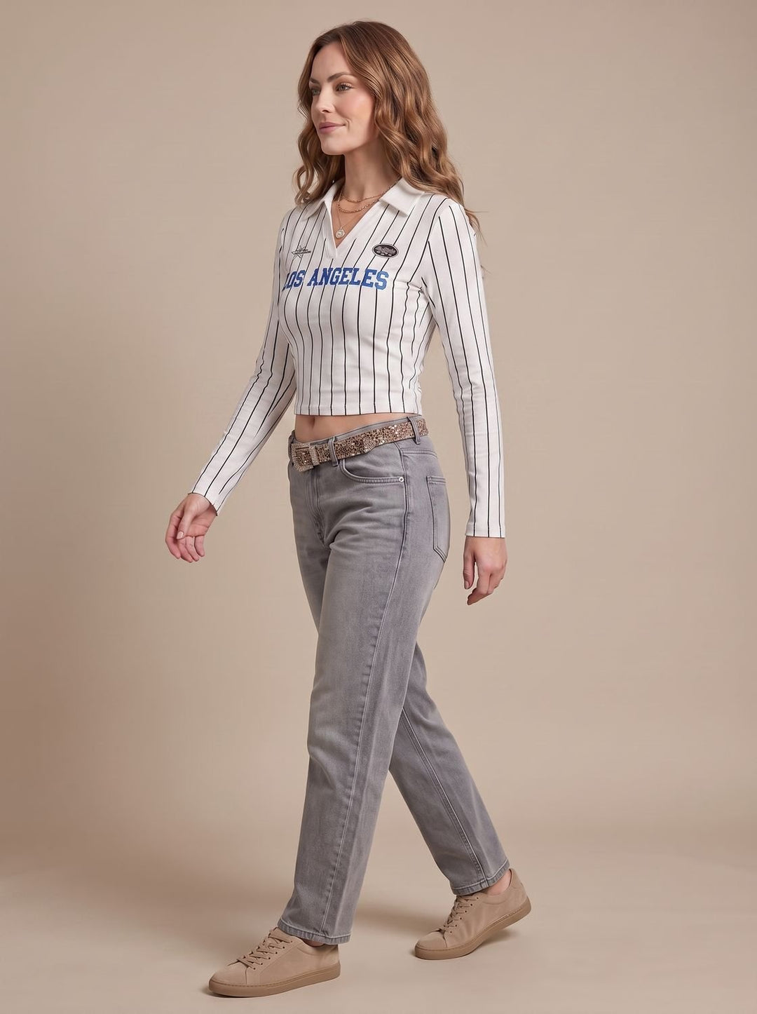 Women's Striped Graphic Cropped Long-Sleeve Collared Top