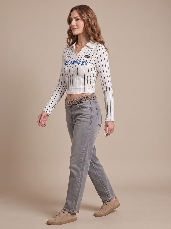Women's Striped Graphic Cropped Long-Sleeve Collared Top