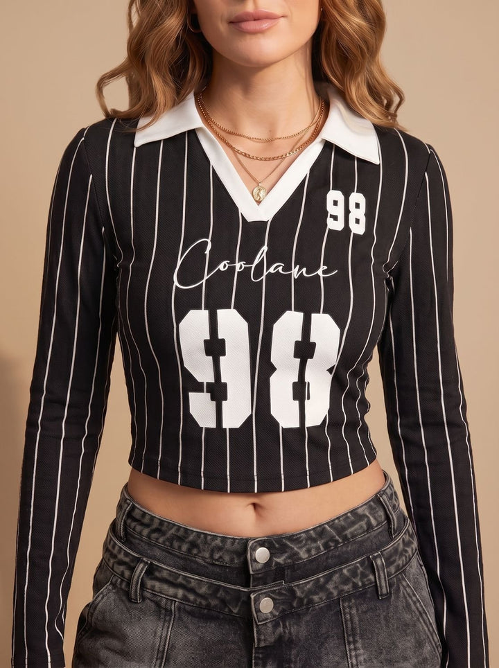 Women's Striped Graphic Cropped Long-Sleeve Collared Top - Black & White