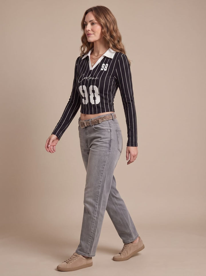 Women's Striped Graphic Cropped Long-Sleeve Collared Top