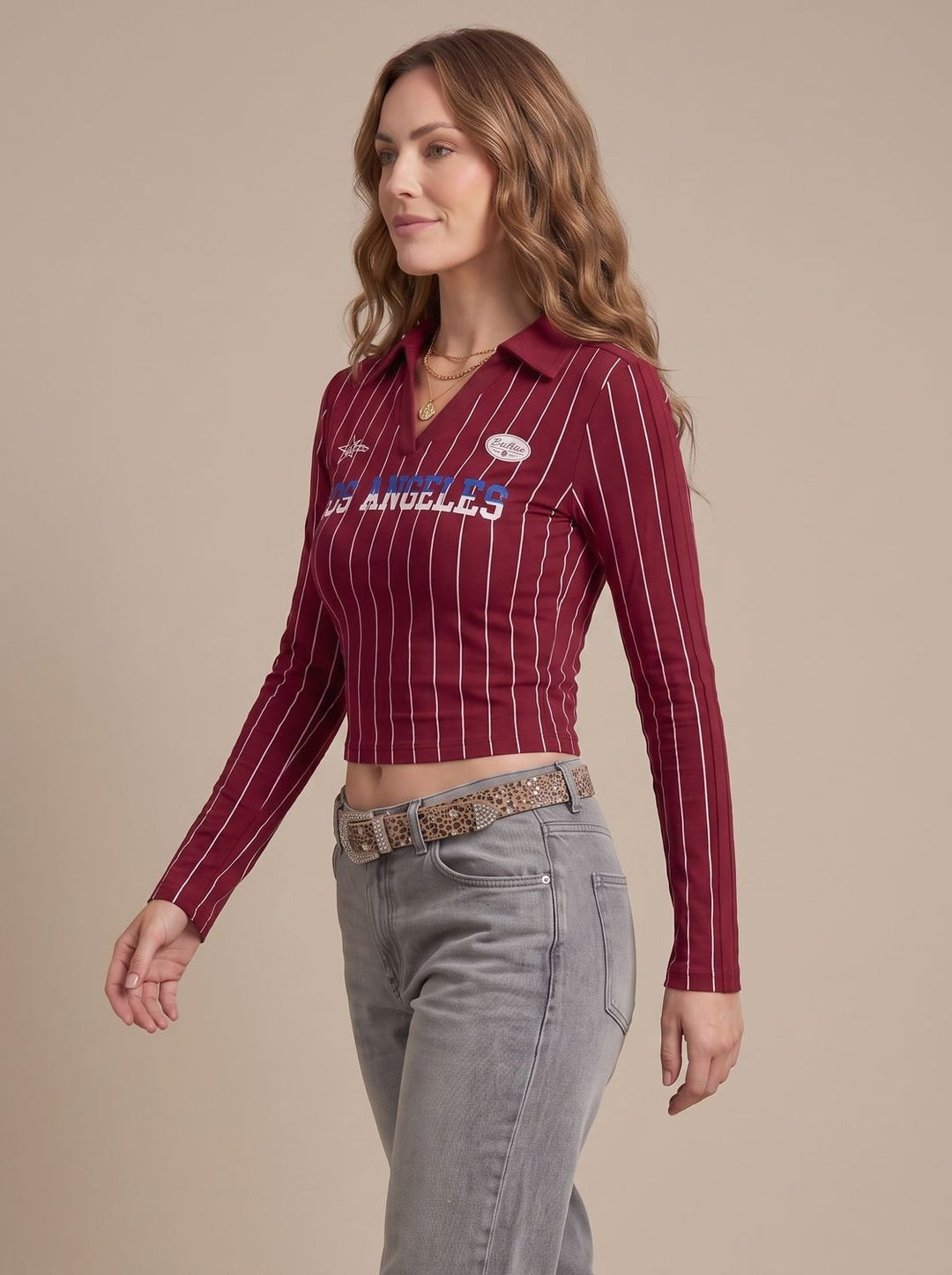 Women's Striped Graphic Cropped Long-Sleeve Collared Top