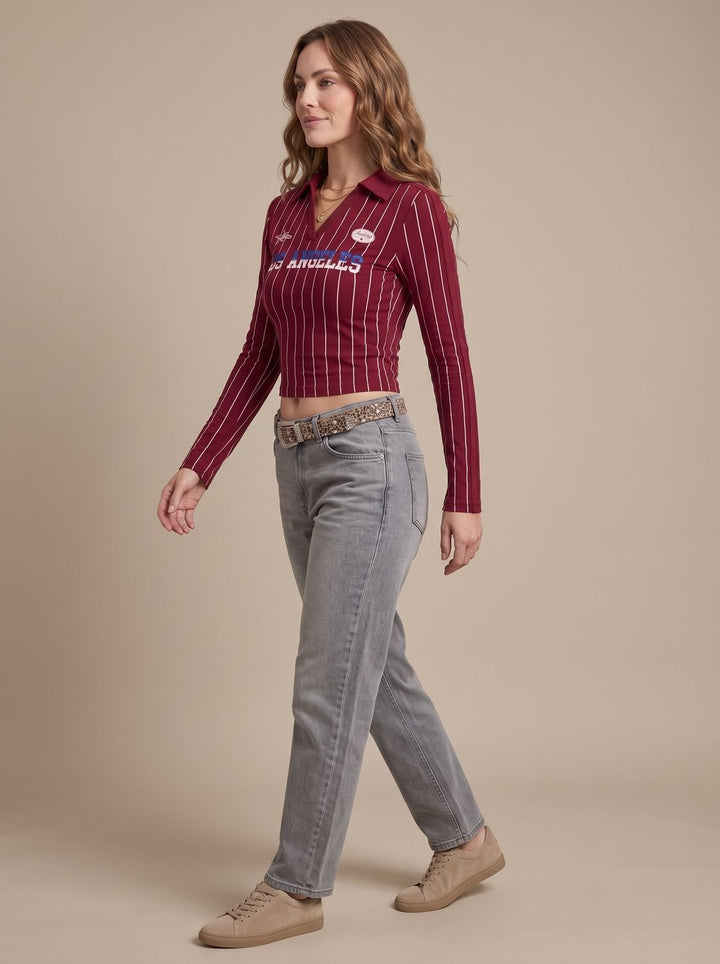 Women's Striped Graphic Cropped Long-Sleeve Collared Top