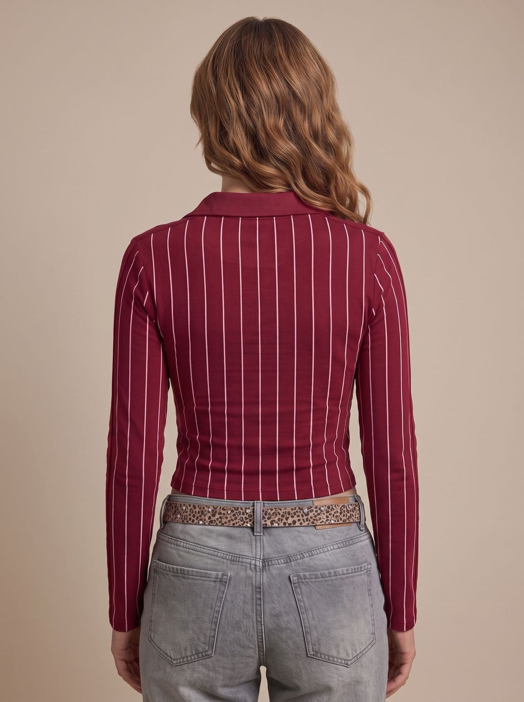 Women's Striped Graphic Cropped Long-Sleeve Collared Top