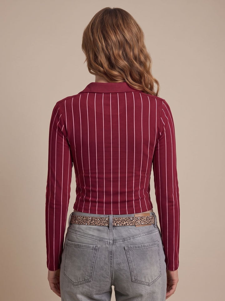 Women's Striped Graphic Cropped Long-Sleeve Collared Top