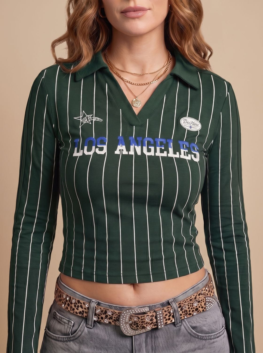 Women's Striped Graphic Cropped Long-Sleeve Collared Top - Dark Green