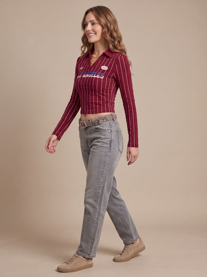 Women's Striped Graphic Cropped Long-Sleeve Collared Top