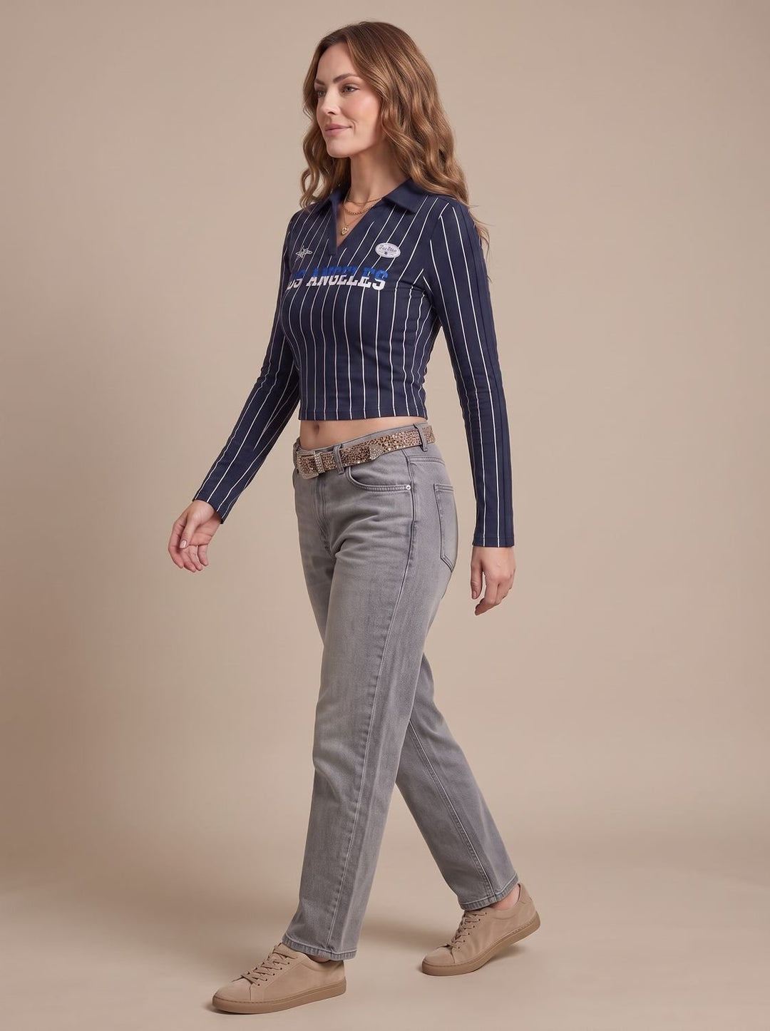 Women's Striped Graphic Cropped Long-Sleeve Collared Top