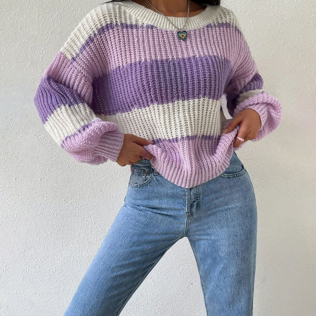 Women's Striped Knit Relaxed-Fit Crewneck Pullover Sweater - Purple
