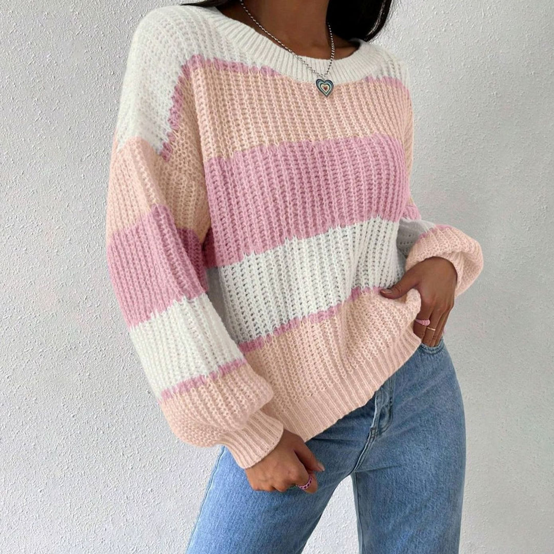 Women's Striped Knit Relaxed-Fit Crewneck Pullover Sweater - Pink