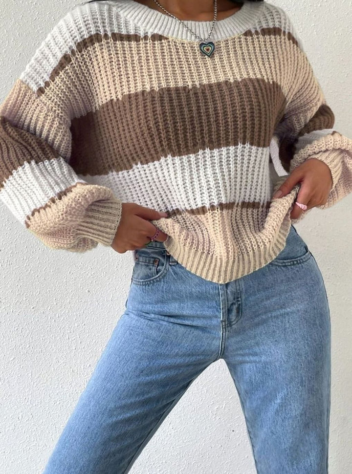 Women's Striped Knit Relaxed-Fit Crewneck Pullover Sweater - Brown