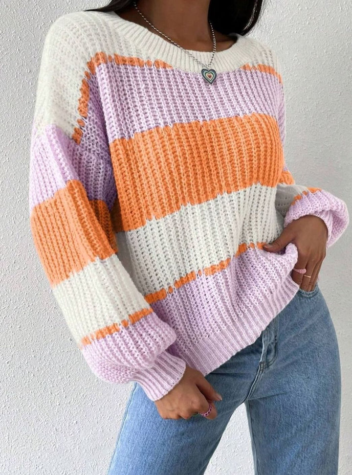 Women's Striped Knit Relaxed-Fit Crewneck Pullover Sweater - Orange