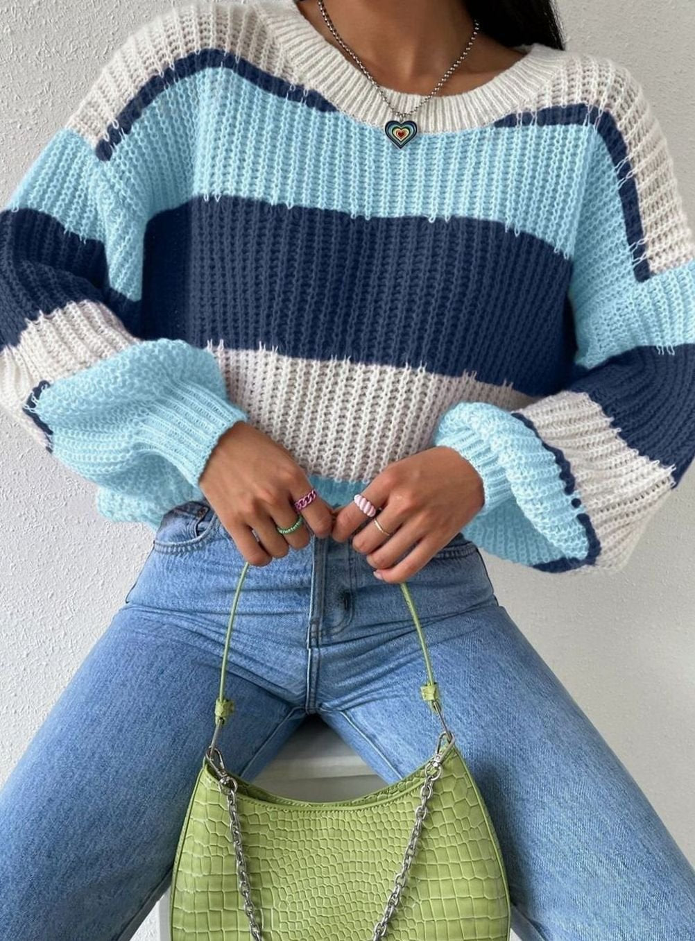 Women's Striped Knit Relaxed-Fit Crewneck Pullover Sweater - Blue